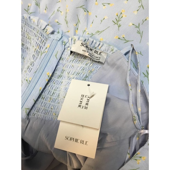 New Sophie Rue Floral Spaghetti Strap Smocked Lined Mini Dress Blue M - Picture 4 of 11